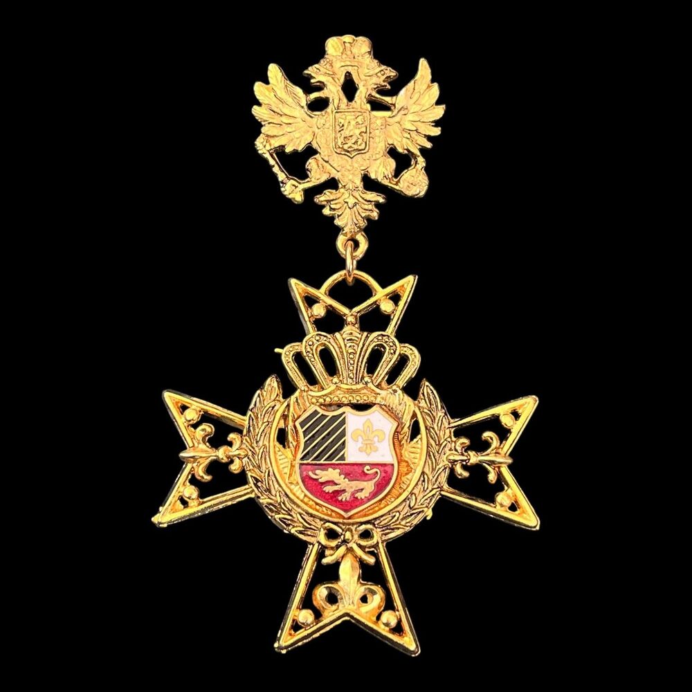 Vintage 1970s Heraldic Maltese Cross Brooch Double Eagle - 1A